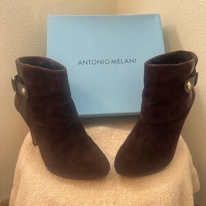 Antonio Melani Leather Upper, Leather Sole Ankle Heeled Pull On Boots